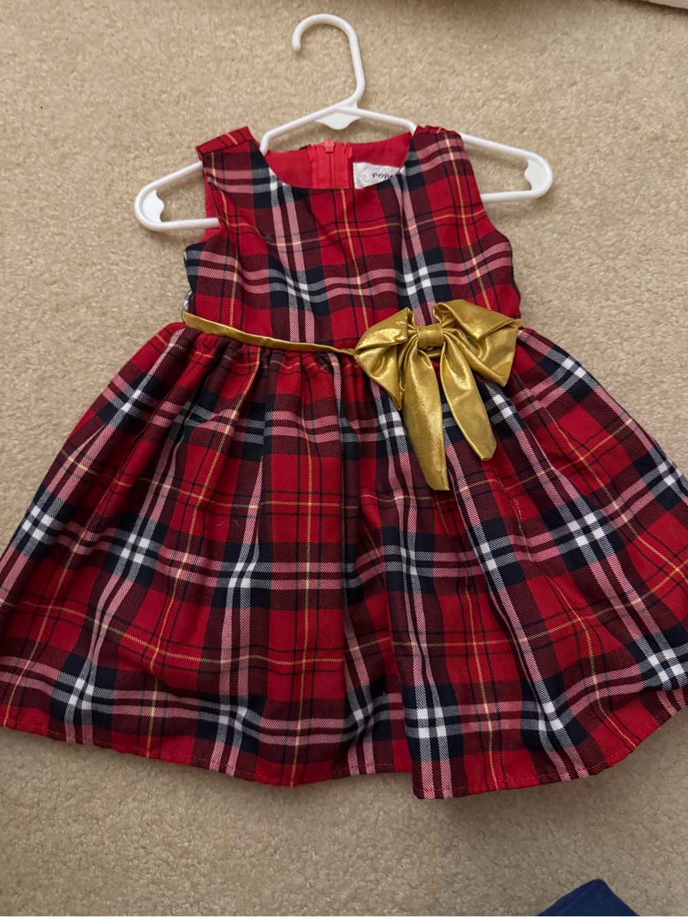 Popatu Red Plaid Holiday Dress with Gold Bow Accent
